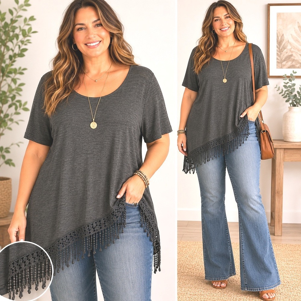 BloomChic Plus Size Fringe Hem Tunic Top 22/24 Gray Boho Asymmetrical Festival